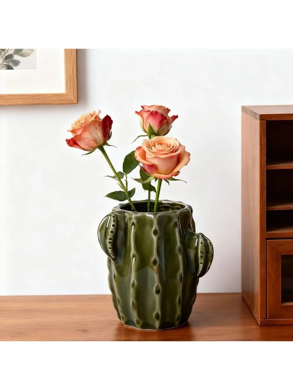 Green Ceramic Cactus Toothbrush Holder - Fun Western Bathroom Decor Accent